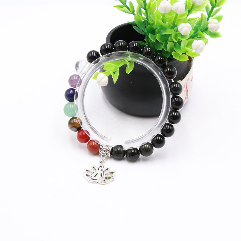 Obsidian&Chakra Beads Yoga Charm Bracelet