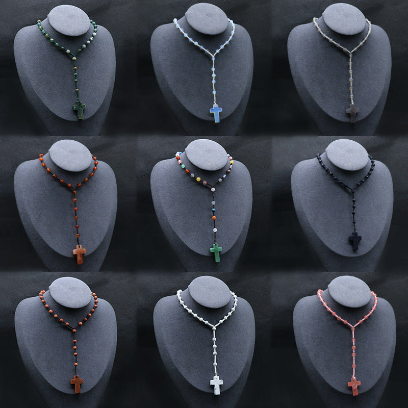 Prayer Bead Crystal Cross Necklace