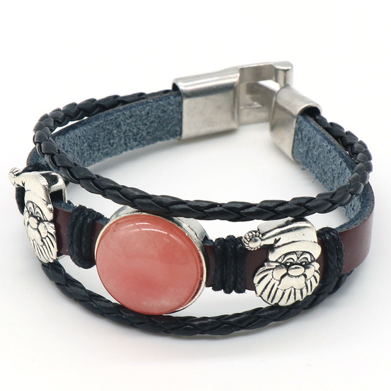 Santa Claus Charm Crystal Button Leather Bracelet