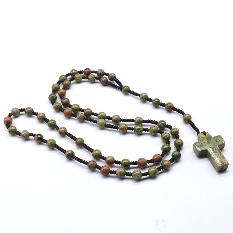 Prayer Bead Crystal Cross Necklace