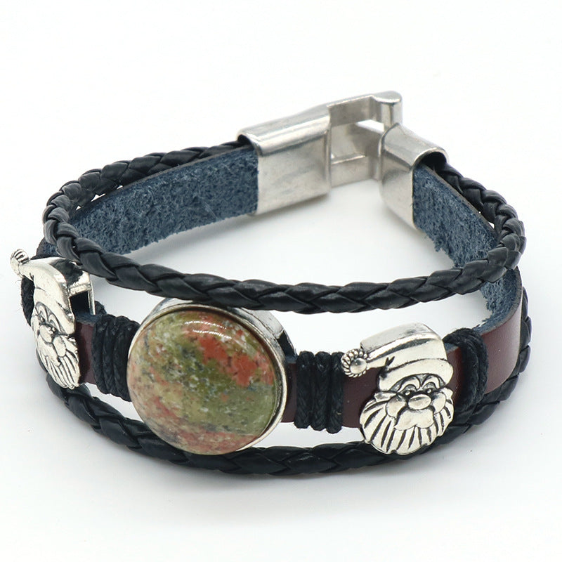 Santa Claus Charm Crystal Button Leather Bracelet