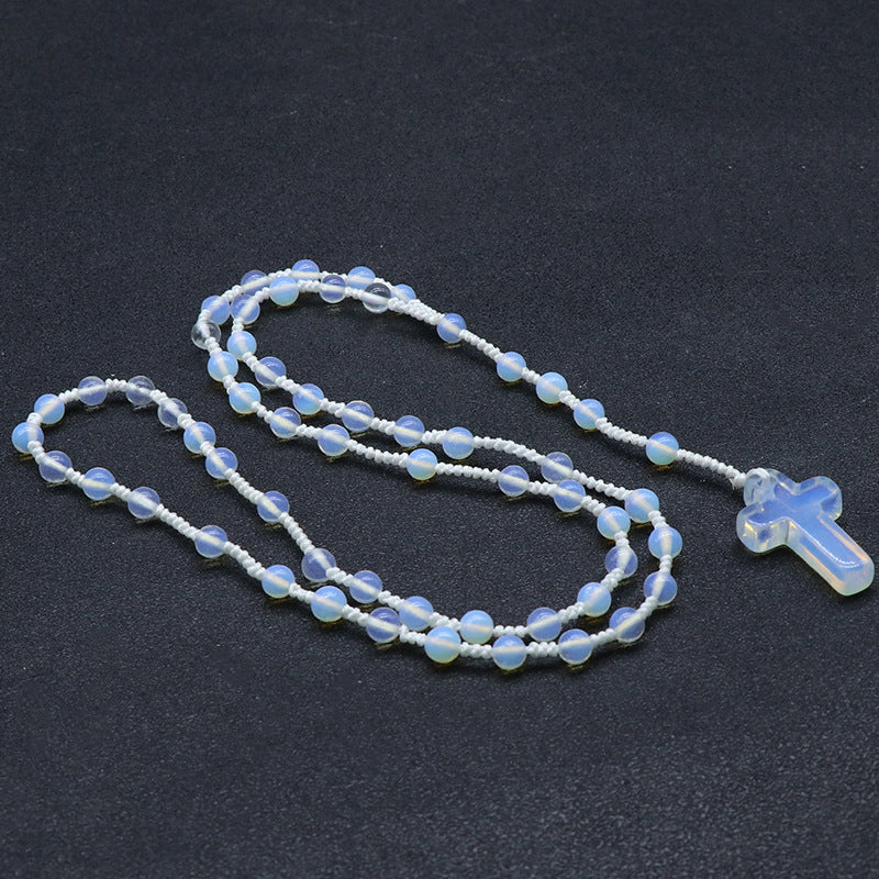 Prayer Bead Crystal Cross Necklace