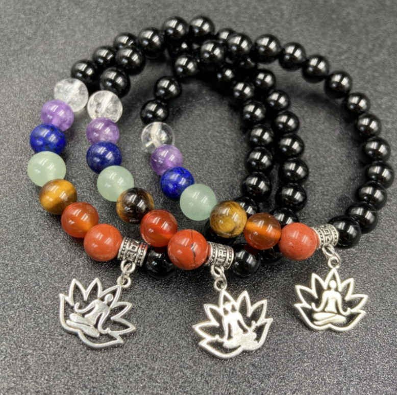 Obsidian&Chakra Beads Yoga Charm Bracelet