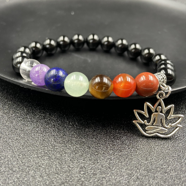 Obsidian&Chakra Beads Yoga Charm Bracelet