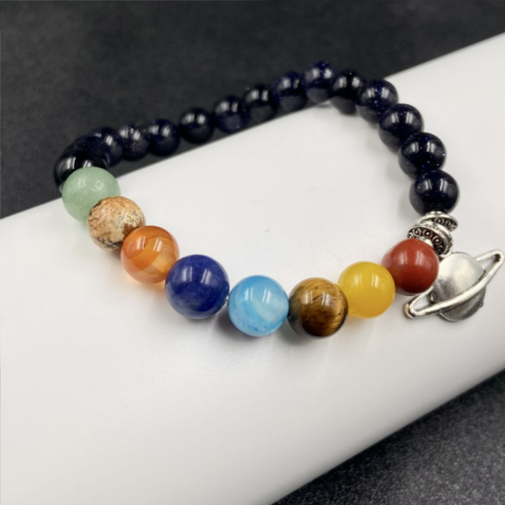 Blue Sandstone Chakra Bead Planet Charm Bracelet