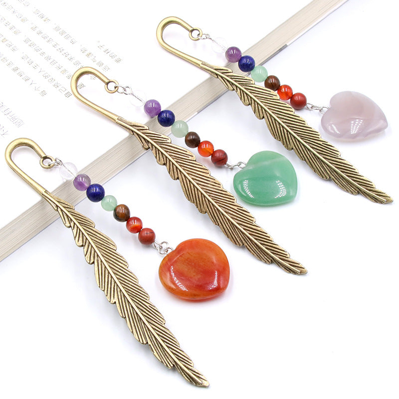 Chakra Bead Crystal Heart Alloy Feather Bookmark