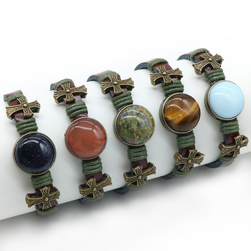 Crystal Button Alloy Cross Leather Bracelet