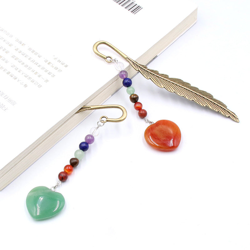 Chakra Bead Crystal Heart Alloy Feather Bookmark