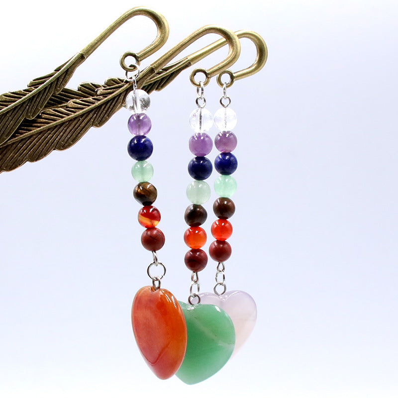 Chakra Bead Crystal Heart Alloy Feather Bookmark