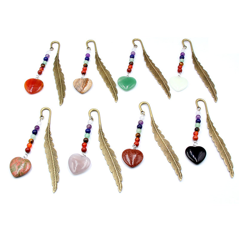 Chakra Bead Crystal Heart Alloy Feather Bookmark