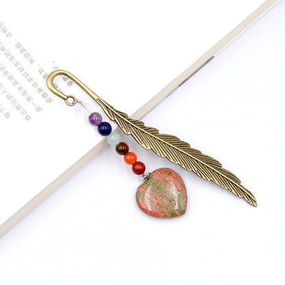 Chakra Bead Crystal Heart Alloy Feather Bookmark