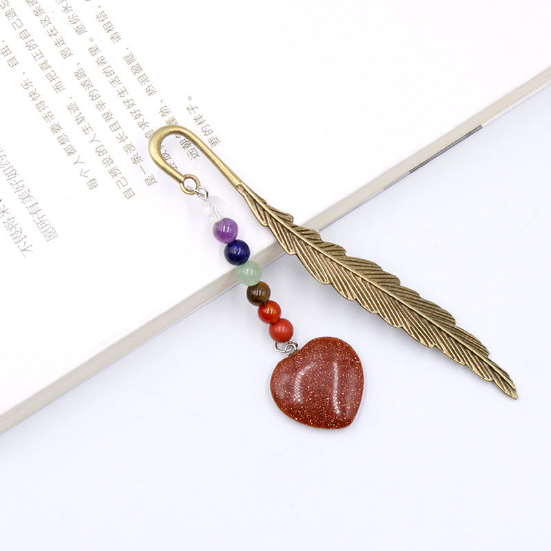 Chakra Bead Crystal Heart Alloy Feather Bookmark