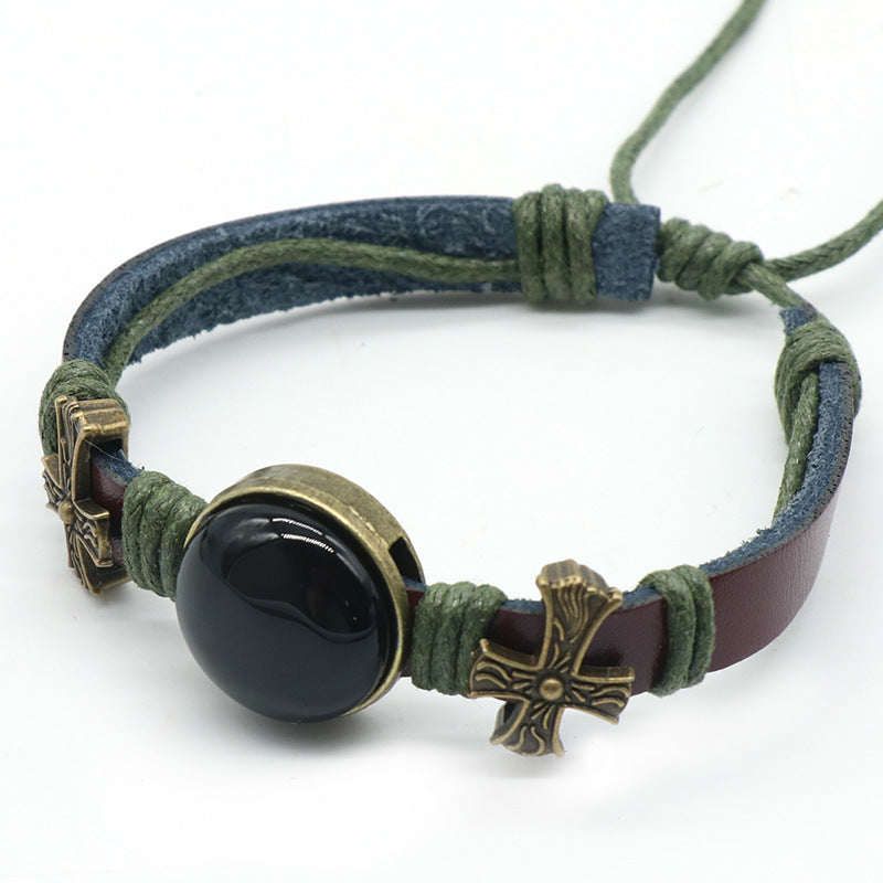 Crystal Button Alloy Cross Leather Bracelet