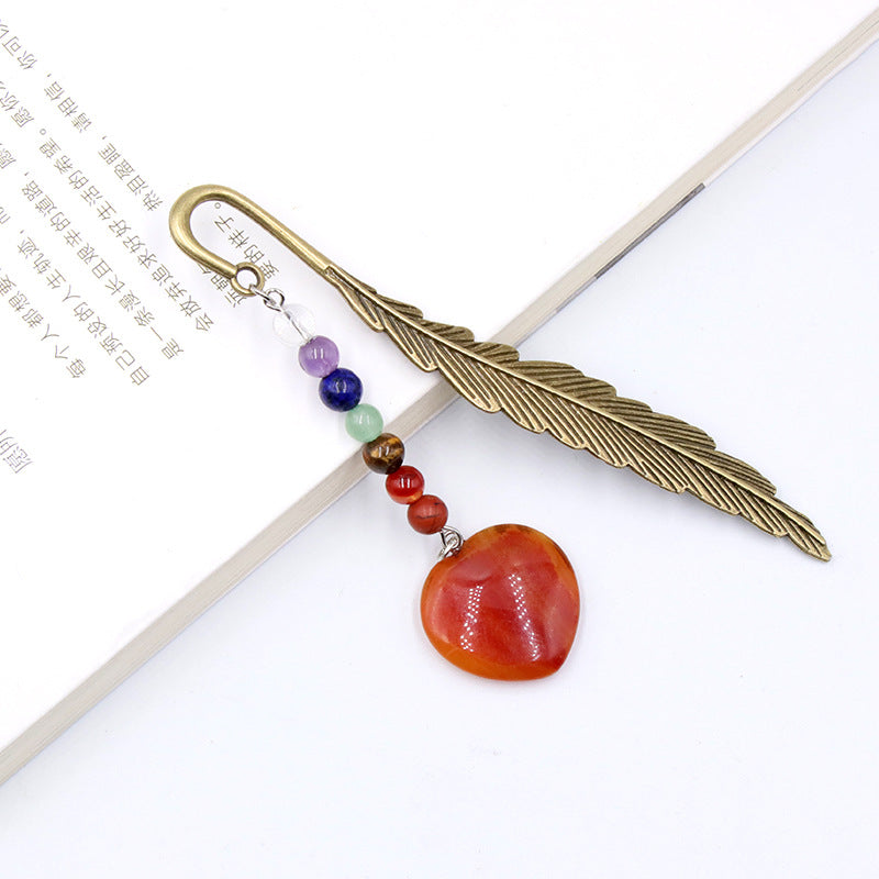 Chakra Bead Crystal Heart Alloy Feather Bookmark