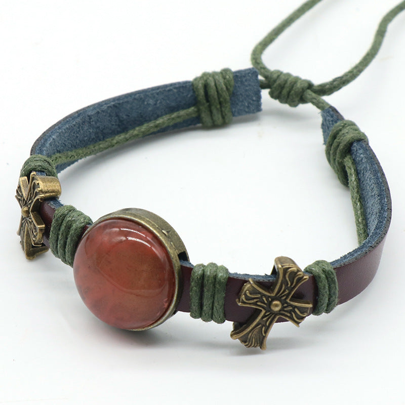 Crystal Button Alloy Cross Leather Bracelet