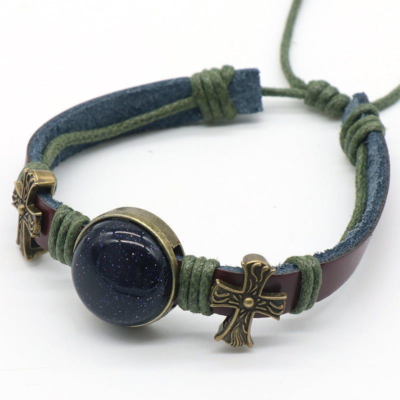 Crystal Button Alloy Cross Leather Bracelet