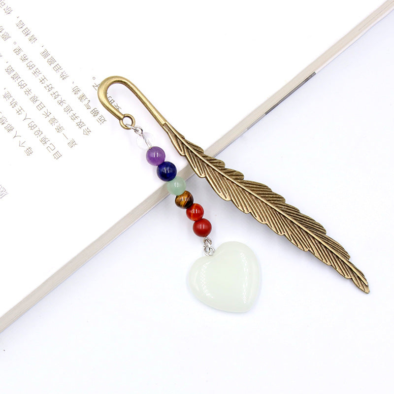 Chakra Bead Crystal Heart Alloy Feather Bookmark