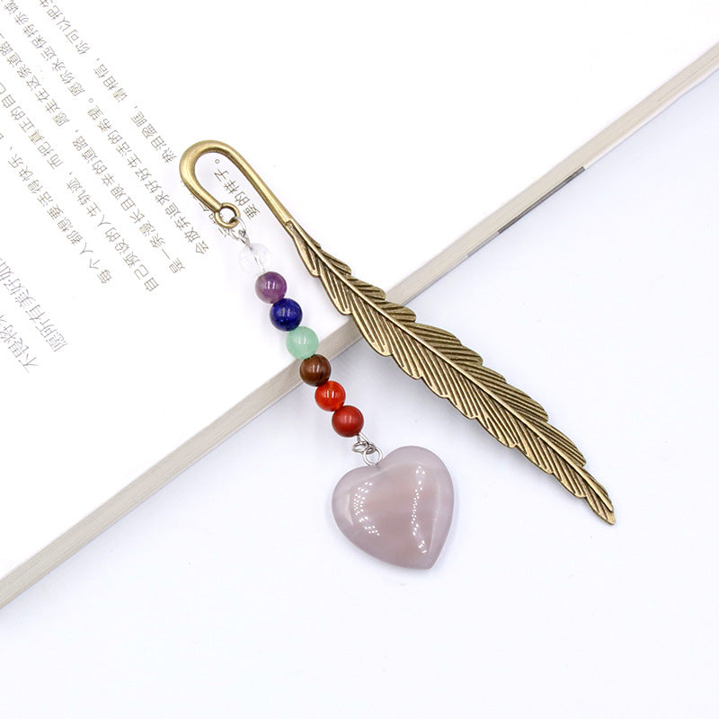 Chakra Bead Crystal Heart Alloy Feather Bookmark