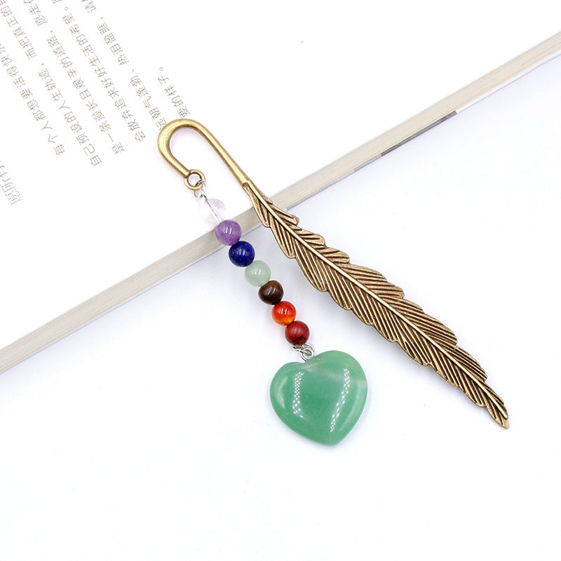 Chakra Bead Crystal Heart Alloy Feather Bookmark