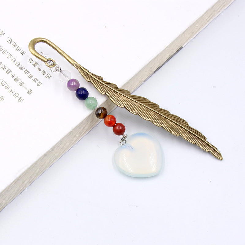 Chakra Bead Crystal Heart Alloy Feather Bookmark