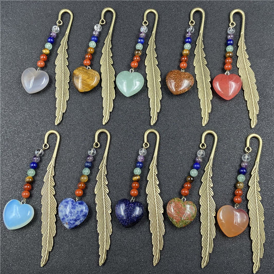 Chakra Bead Crystal Heart Alloy Feather Bookmark