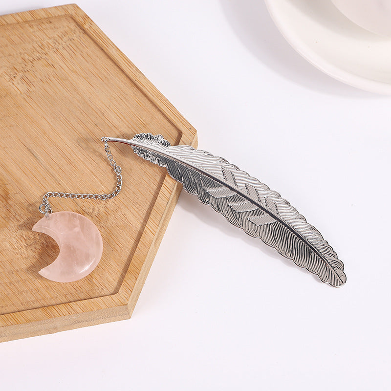 Crystal Moon&Silver Alloy Feather Bookmark