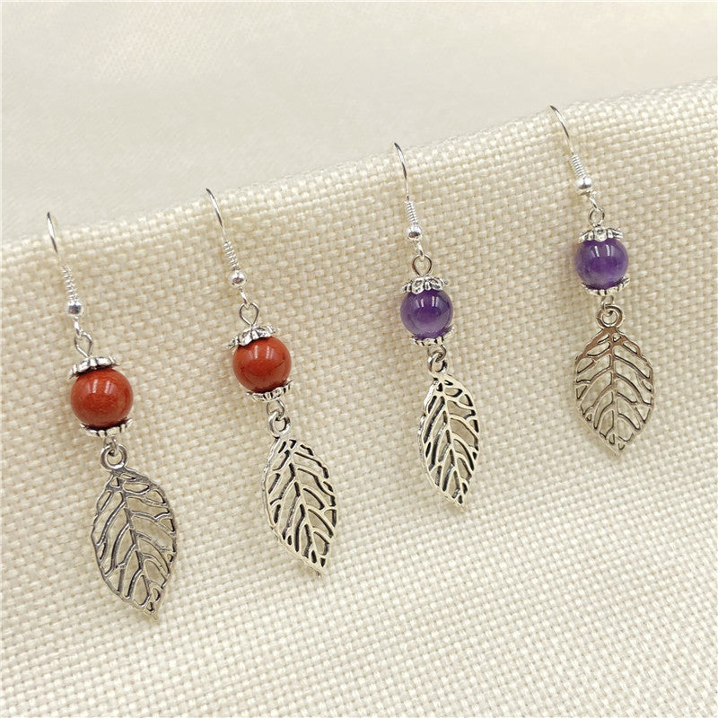 Crystal Bead Silver Leaf Earrings