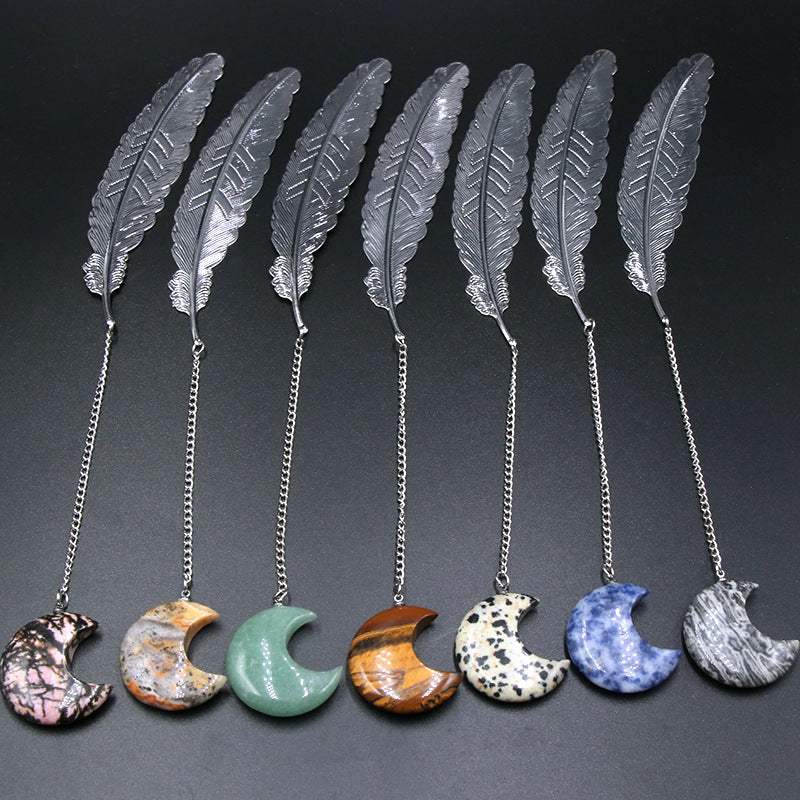 Crystal Moon&Silver Alloy Feather Bookmark