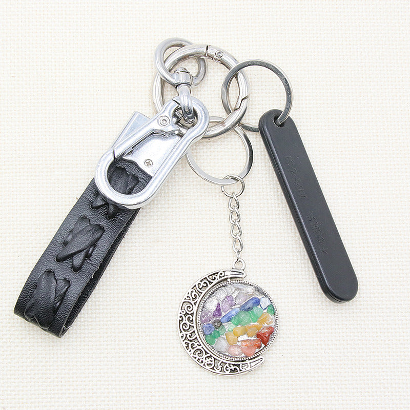 Chakra Crystal Chip Metal Moon Key Chain