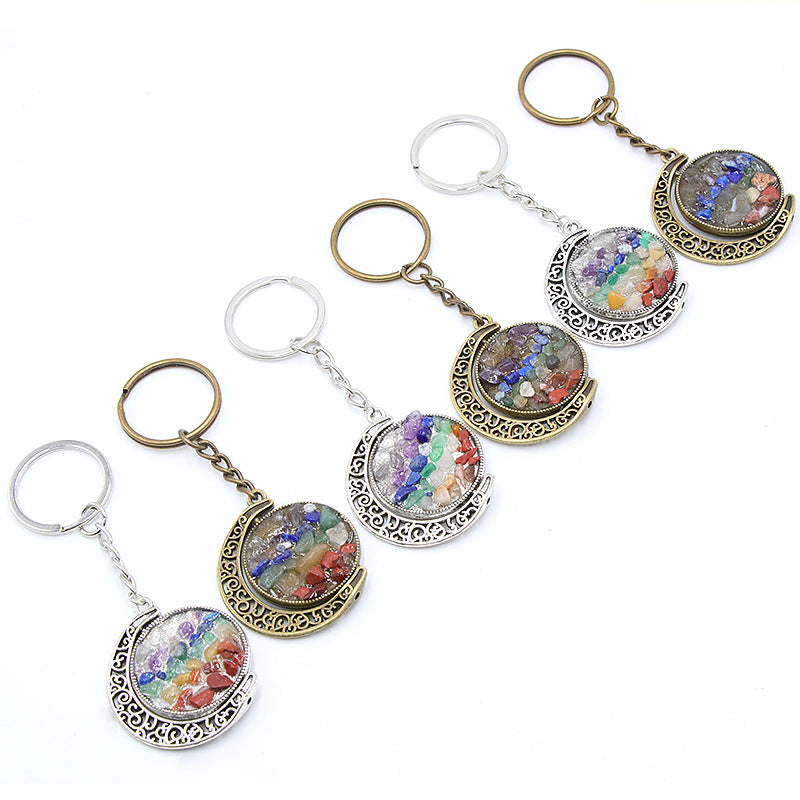 Chakra Crystal Chip Metal Moon Key Chain