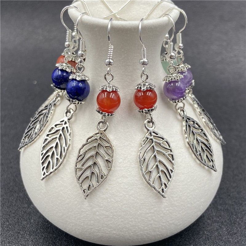 Crystal Bead Silver Leaf Earrings