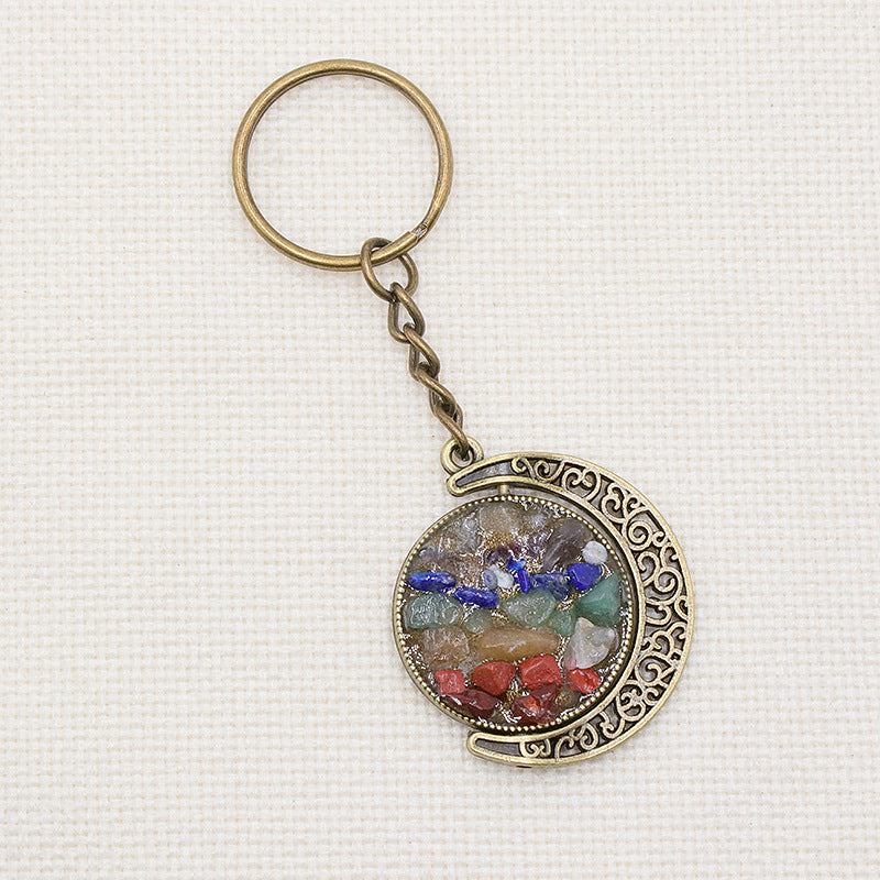 Chakra Crystal Chip Metal Moon Key Chain