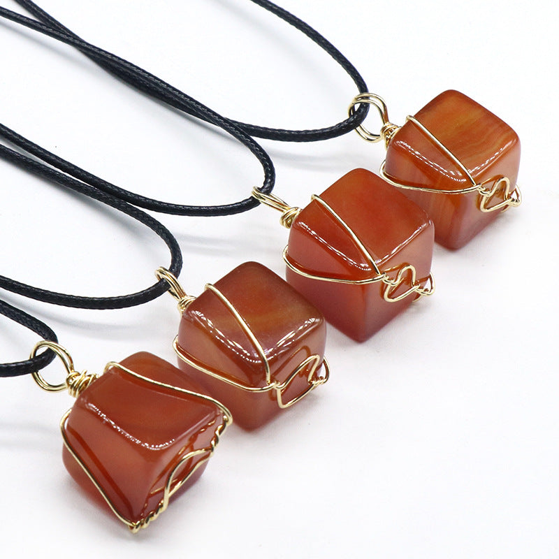 Red Agate Cube Wire Wrapped Pendant