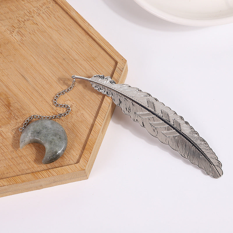 Crystal Moon&Silver Alloy Feather Bookmark