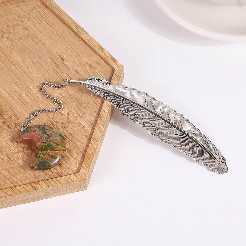 Crystal Moon&Silver Alloy Feather Bookmark