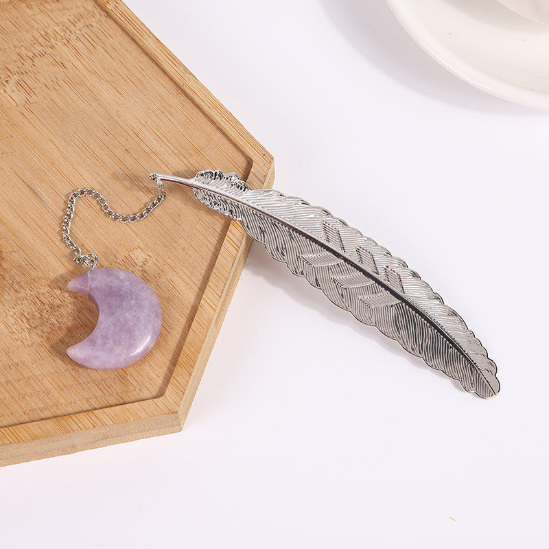 Crystal Moon&Silver Alloy Feather Bookmark