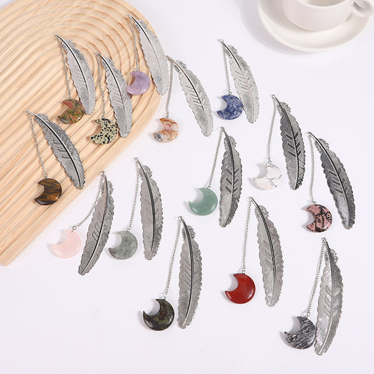 Crystal Moon&Silver Alloy Feather Bookmark