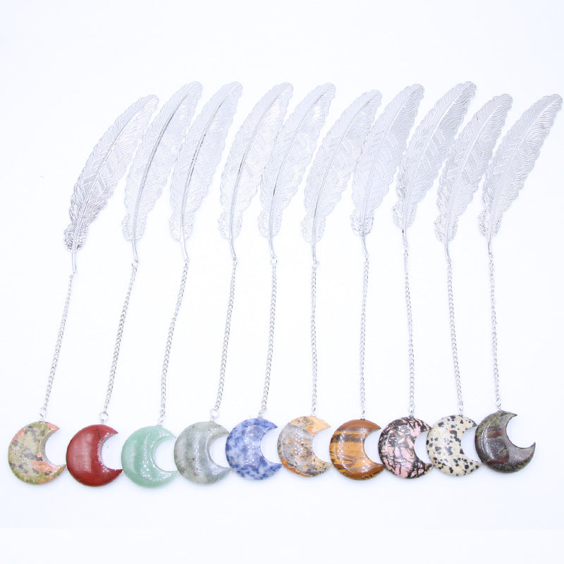 Crystal Moon&Silver Alloy Feather Bookmark