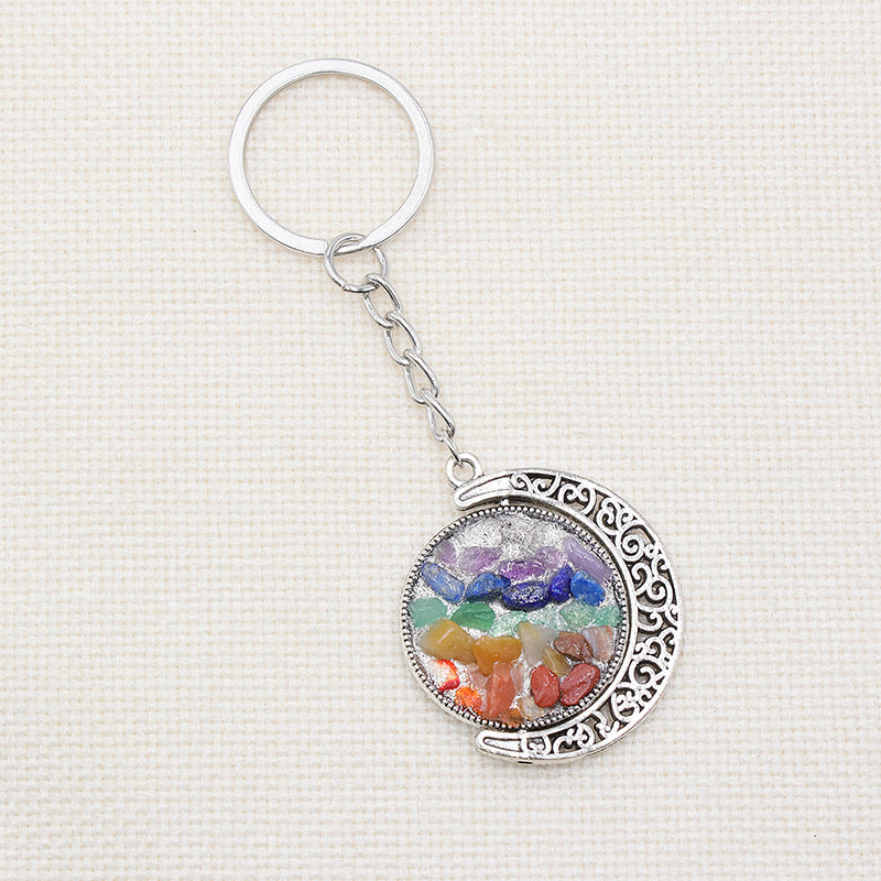 Chakra Crystal Chip Metal Moon Key Chain