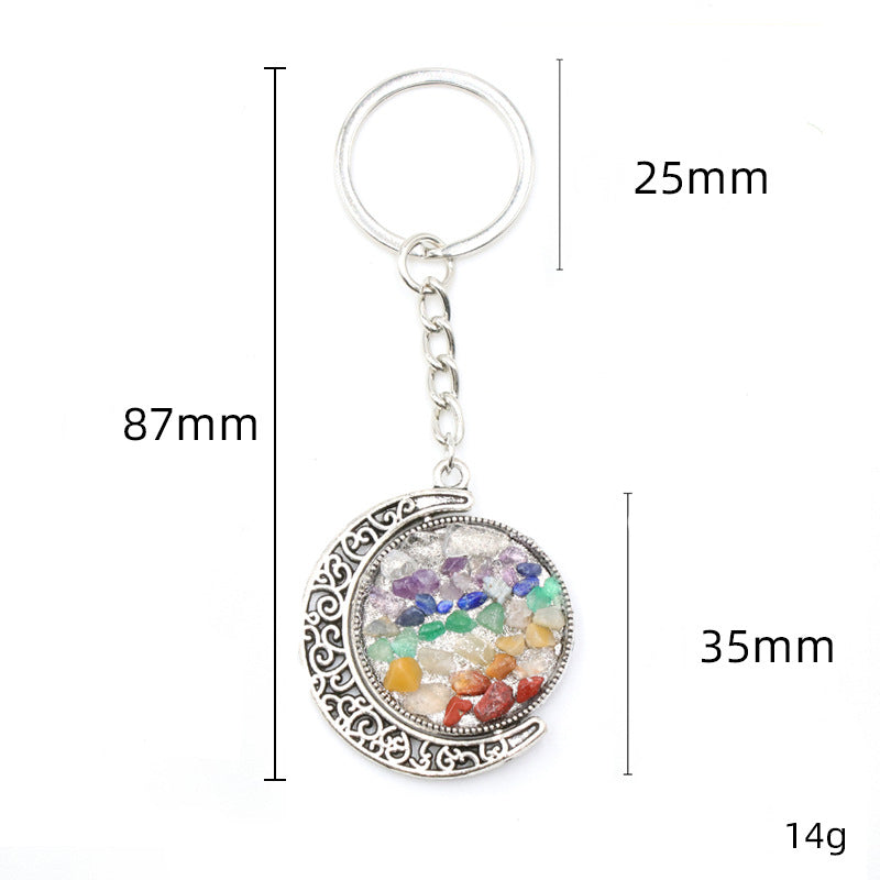 Chakra Crystal Chip Metal Moon Key Chain