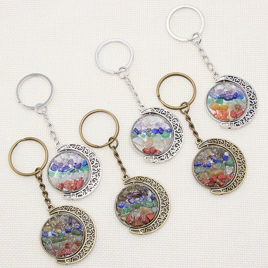 Chakra Crystal Chip Metal Moon Key Chain