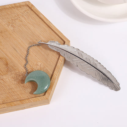 Crystal Moon&Silver Alloy Feather Bookmark