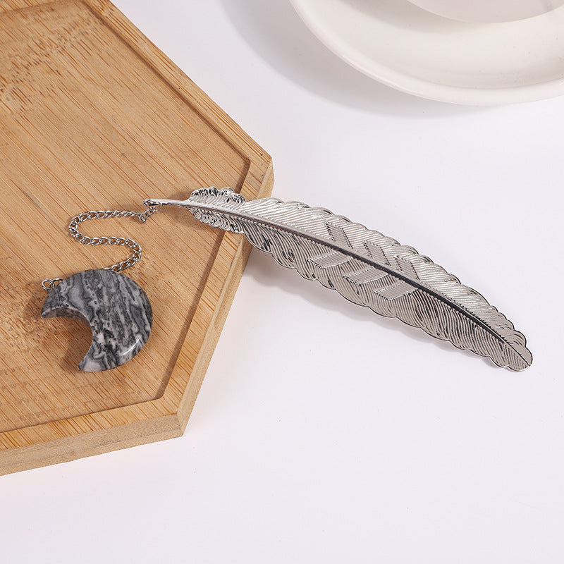 Crystal Moon&Silver Alloy Feather Bookmark