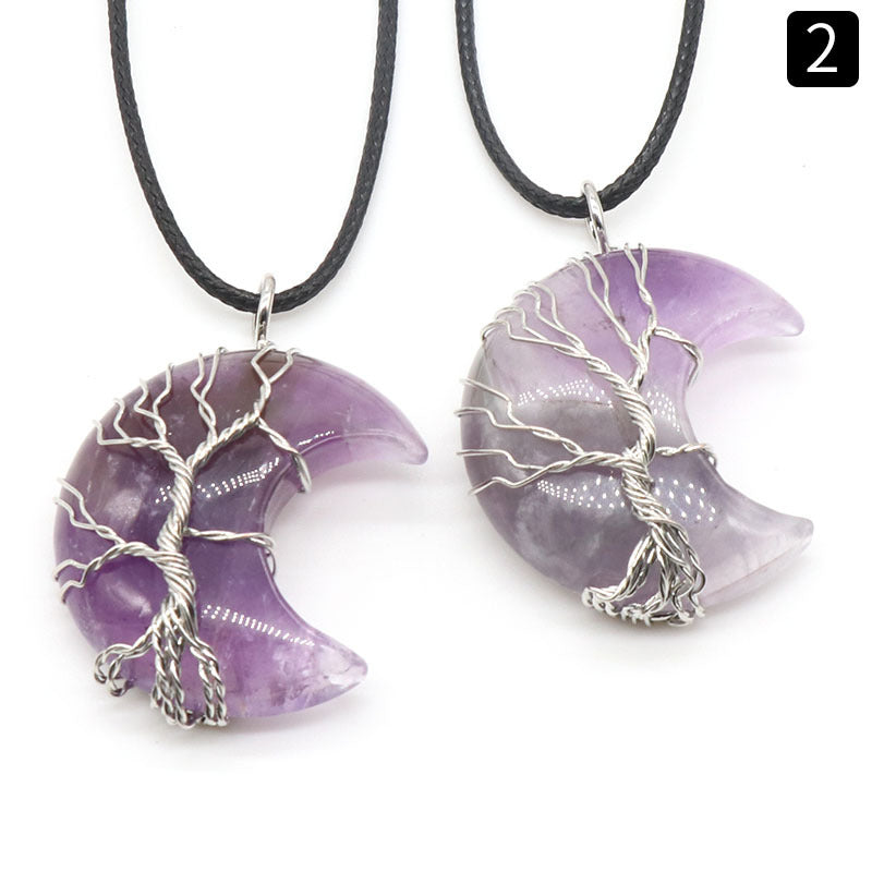 Sliver Life Tree Wrapped Crystal Moon Necklace