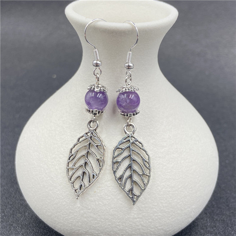 Crystal Bead Silver Leaf Earrings