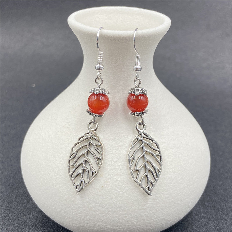 Crystal Bead Silver Leaf Earrings