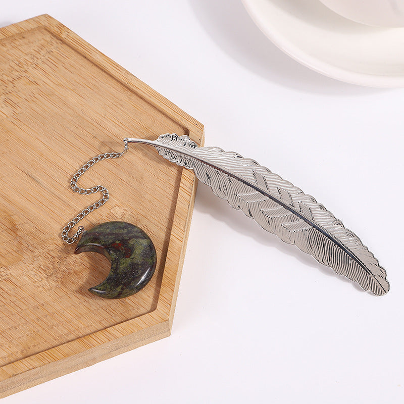 Crystal Moon&Silver Alloy Feather Bookmark