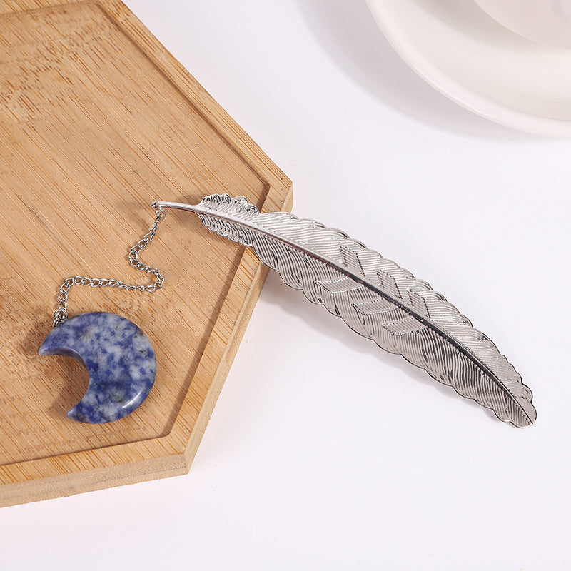 Crystal Moon&Silver Alloy Feather Bookmark