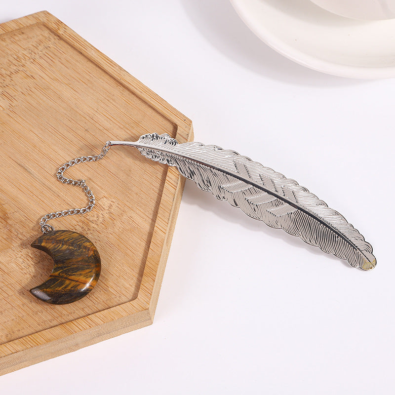 Crystal Moon&Silver Alloy Feather Bookmark