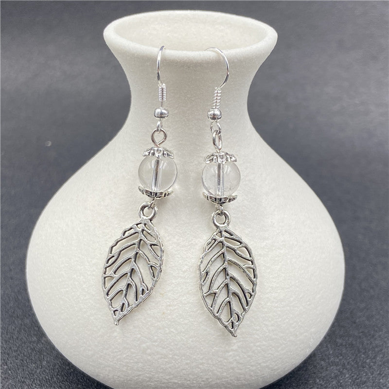 Crystal Bead Silver Leaf Earrings